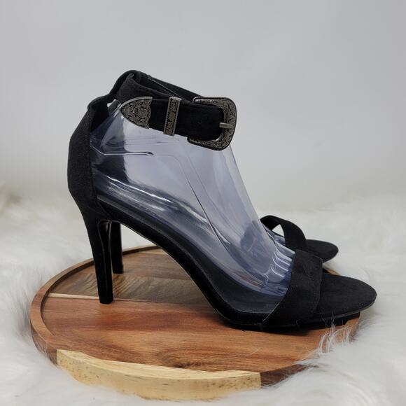 Venus Women's Black Suede Open Toe 4" Heels Western Buckle Accent 9.5 - Picture 3 of 7